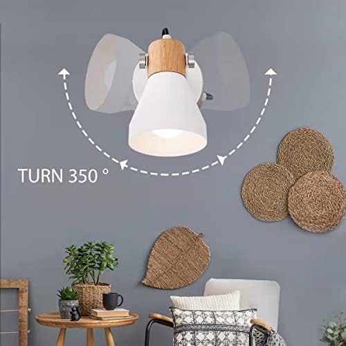 Tehenoo Contemporary White Wall Scona, lâmpada de parede de madeira rotativa com cordão de plug-in para quarto,
