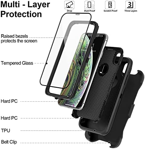 BYPABOX para iPhone XS Max Case com 2 protetor de tela de vidro temperado e coldre de cinto Kickstand, cobertura