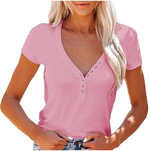 Botão de cor sólida feminina para baixo v blusa de pescoço camisa de manga curta verão camisetas casuais casuais tops de túnica de moda