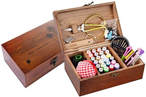 Kit de costura, caixa de kit de costura de madeira para adultos, cesta de costura de madeira com acessórios,