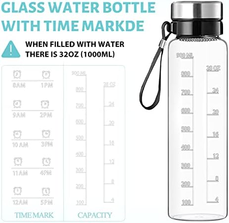 RNCKUUE 1 litro garrafa de água de vidro - 32 oz Borossilicato grande de vidro de boca largo com garrafas com marcação de tempo, manga e BPA grátis