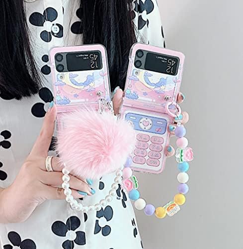 Caso feminino rosa do Volmon para Galaxy Flip 4, Retro Design Phone Key Moon e Love Case para Z Flip 4, Caso de mulheres fofas para Samsung Galaxy Z Flip 4 com Straps de cor de cor Strap