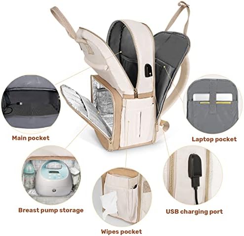Mochila da bomba de mama de Mancro com bolsos isolados, mochila de bolsa de fraldas grandes com porta de carregamento