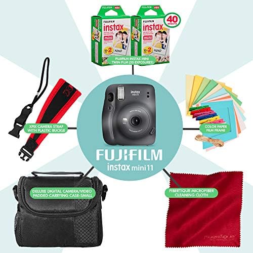Fujifilm Instax Mini 11 Câmera de filme instantânea + 2x Fujifilm Instax Mini Twin Film, Câmera de transporte de câmera, pulseira de câmera xpix e quadros de filme funky