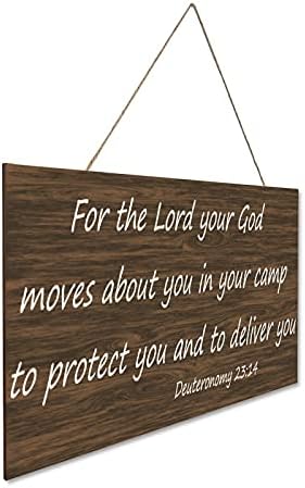 Decoração da parede de madeira Decoração inspiradora de parede Deuteronômio 23:14 Para o Senhor, seu Deus se move sobre você em seu acampamento para protegê-lo e entregar você C-21 25x40cm Placa de madeira rústica