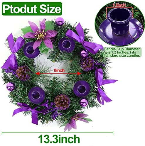 [Retardador de incêndio em segurança] Christmas Purple Advent Wreath Decor 4 Advento Veller com 4 Pinecorn 4