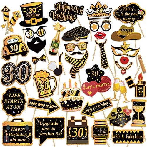 Feliz 30º aniversário da festa da festa de fotos. 39 peças Black and Gold Selfie Party Supply and Decoration. Para ele, Feliz Aniversário Favorias de Suprimentos Decorações Funnárias