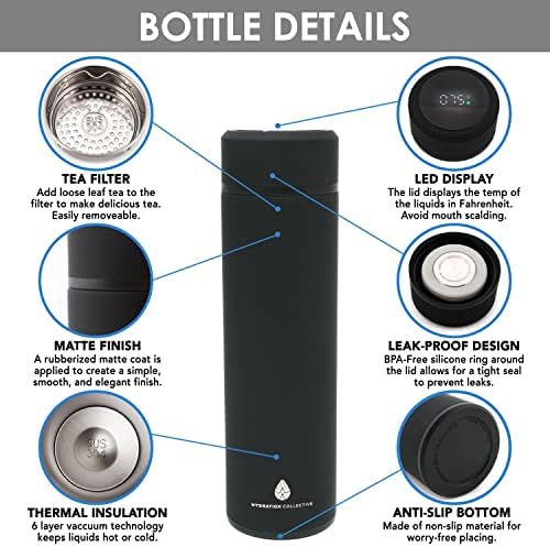 Hidration Collective Thermos Bottle Water-Smart à prova de vazamentos com infusor de chá e temperatura LED Display Anti-deslizamento aço inoxidável Terbor emborrachado Copa isolada de 16 onças Black ZGB-Z500C1