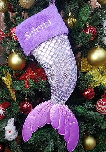 Dearsun 22 Dia Adorável Mermaid Tail Christmas Stocking com nome de bordado, punho de pelúcia e corpo de tecido brilhante