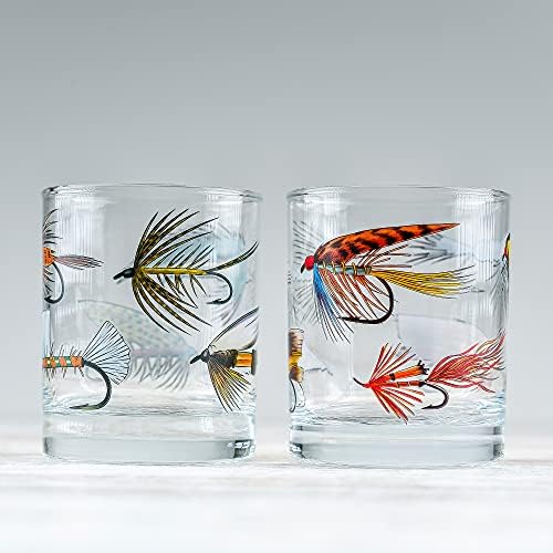 Greenline Goods - Vidro de pesca com mosca Conjunto para pescadores e ao ar livre - Lures de mosca com tema 10 oz de uísque bebendo vidro de 2