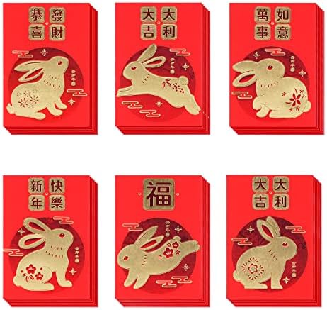36 pacote 2023 Ano dos envelopes vermelhos do coelho para festival de primavera, envelopes vermelhos de ano novo em serviço pesado para decoração de ano novo, 3,15 x 4,53in Red Packet com Rabbit de papel alumínio de ouro 3D, 6 design