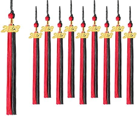 Uialecg 10 peças Trassels de graduação Whit Charm 2023 Para tampa e vestido de formatura, borla de dupla cor, preto e vermelho
