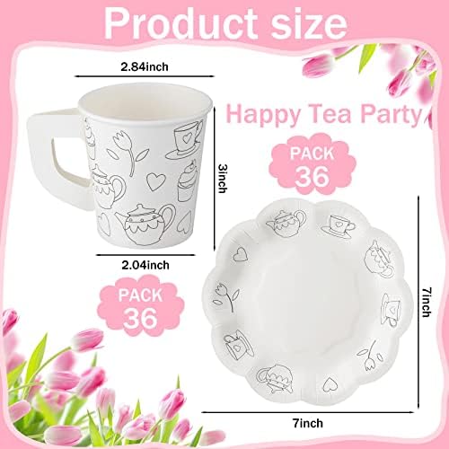 36 Configurar xícaras de chá de chá descartáveis ​​para colorir xícaras de chá colorir suas próprias xícaras de chá e pires de papel flora