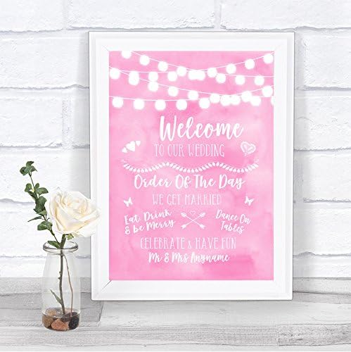 Baby Pink Watercolor Lights Welcome Order of the Day Personalizado Sinal de casamento