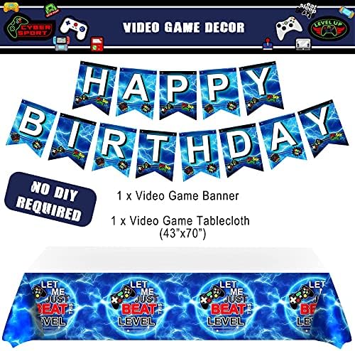 Vídeo de videogames de festas de aniversário para 20 convidados, decorações de festas de videogame azul incluem pratos de 7 '9', copos, toalhas de mesa, banner de aniversário, redemoinho pendurado, balões, adesivos