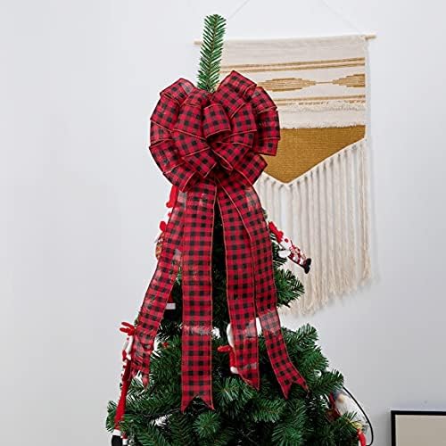 Topper de árvore de Natal de arco - 11,8 x 26,8 polegadas vermelho e preto Buffalo Plaid Lumberjack Holiday