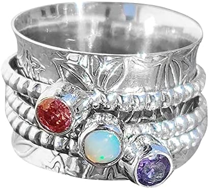 Anéis de aço inoxidável para mulheres Bohemian Gemstone Meditation Ring Spinning Silver Colored Stone