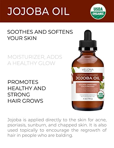Velona Jojoba Oil USDA Certificado Organic - 4 oz | Golden, não refinado, prensado a frio | Para cuidados com a pele do corpo do cabelo, estrias, cutículas | Hidratante de óleo de transportadora natural grátis…