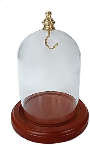 3 x 4 Pocket Watch Glass Display Dome Cloche com botão de ouro e gancho com base manchada de nozes