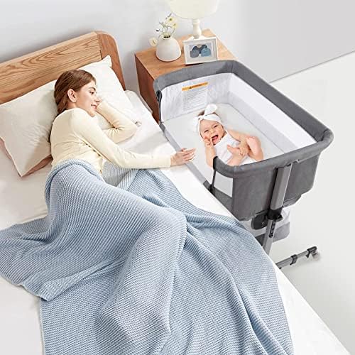Lamberia Baby Bassinets Sleeper de cabeceira, baixo ajustável para bebê com rodas, berço portátil de dobrável e fácil para bebê, cinza