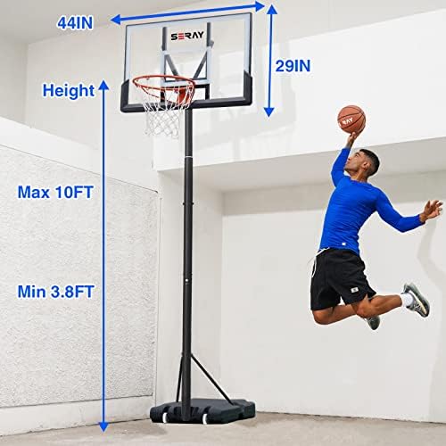 Aro de basquete seray com altura de 4,8 a 10 pés ajustável para crianças/adultos, aro de basquete portátil ao ar livre com backboard de 44 polegadas e 2 rodas para esportes externos/internos