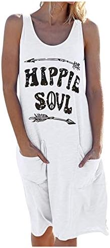 Vestidos de tanque casual de verão Badhub Summer Hippie Hippie Letter Print Beach Mini vestido com bolsos