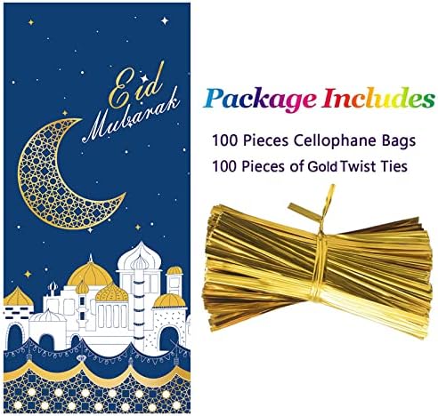 Dragzws Eid Mubarak Celofane Sacos de guloseimas, sacolas de violoncelo de plástico do Ramadã Mubarak