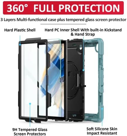 Samsung Galaxy Tab A8 Case de 10,5 polegadas 2022 SM-X200/X205/X207, [Prova de crianças] Caso de proteção corporal completa da Ambison com 9H protetor de tela de vidro temperado, 360 ° Rotatable Kickstand/Hand Strap