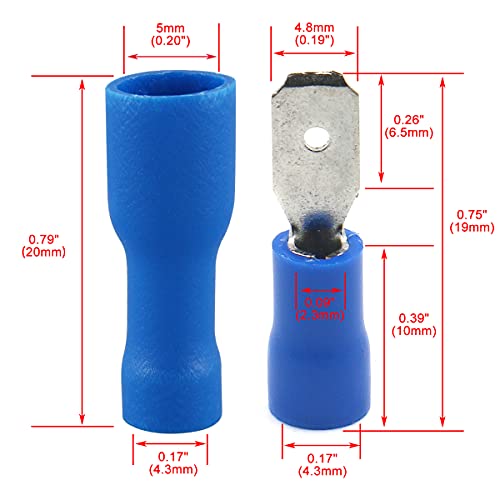 Conector de fio de pá de pá de lâmina isolado azul Baomain Blue 16-14 AWG 4,8 x 0,5 mm Pacote de terminal