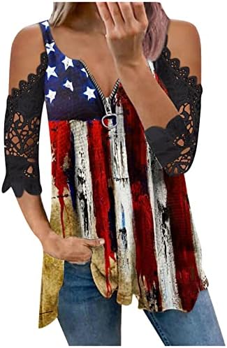Ombro frio ombro feminino Top American Flag Star Lace Tee Camise