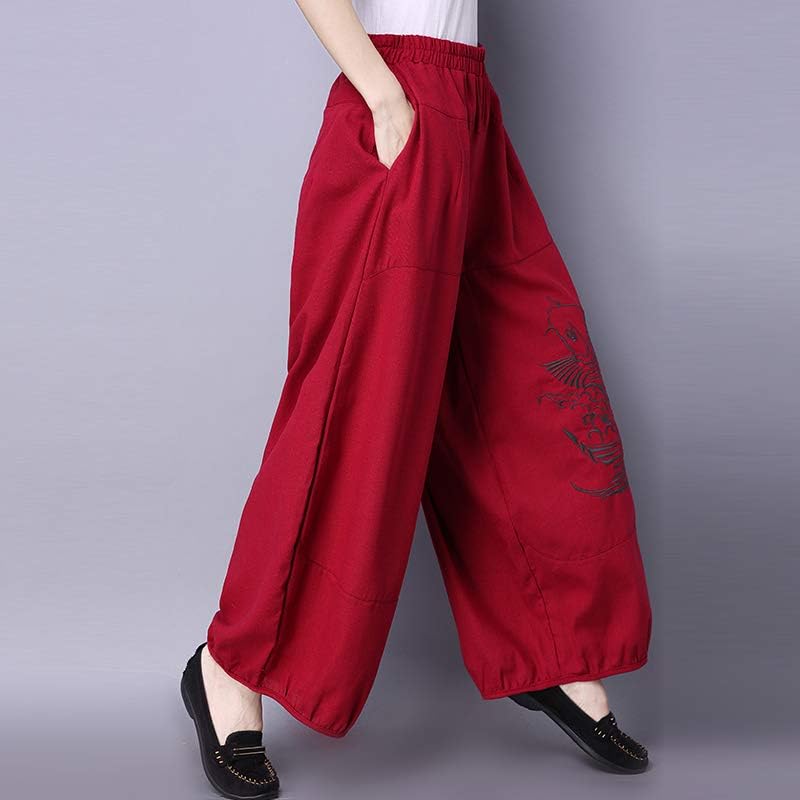 Mulheres étnicas linhagem de algodão cor sólida perna larga cintura elástica kung fu calça tradicional