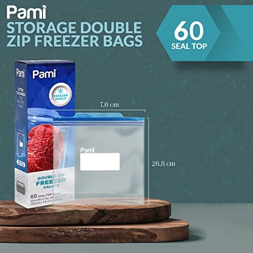 Pami Double Zip Freezer Galle Gallon Sacos [60 peças]- Sacos de travamento de frescor à prova de alimentos