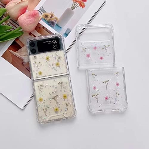 Samsung Galaxy Z Flip 4 Flower Case For Women Girls Glitter, Cute Pressed Dry Real Flowers Case Bling Floral Protection