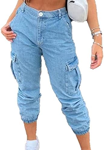 Jeans de carga de cintura alta feminina Jeans vintage Lápis calças de jeapis Slim Fit Washed Jean com bolsos