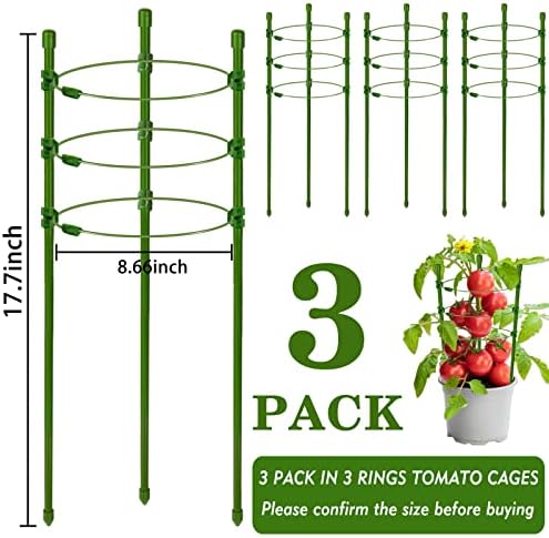 ZEEDIX 3 Pacote CAGA DE TOMATO 18 polegadas Pequenas gaiolas de tomate para vasos de jardim Suporte de plantas de tomate com 3 anéis de suporte ajustável e clipes de planta de 10pcs Planta Suporte