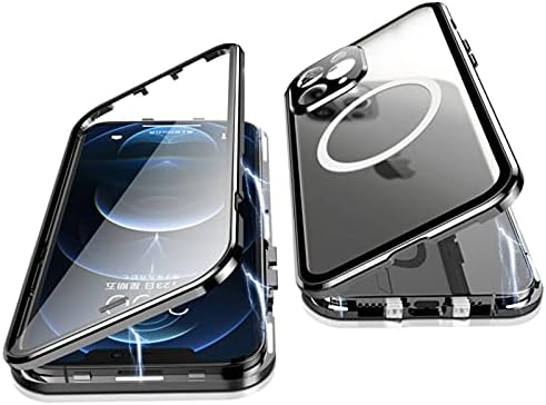 Caixa para o iPhone 12 Pro Max, Jonwelsy 360 graus Proteção de dupla face compatível com adsorção magnética Magsafe Magnetic Metal Bumper Front Tlemerd Back Tampa de PC fosca para 12 Pro Max 6.7