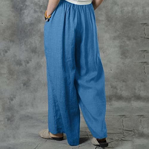 Calça de algodão de linho mulheres elásticas femininas largas pernas palazos calças altas calças casuais conjuntos de roupas