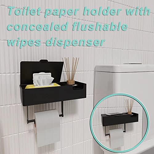 Suporte de papel higiênico com prateleira, suporte de rolo gcwpinfo com dispensador de limpeza lavável e armazenamento de banheiro, suporte de papel higiênico montado na parede com armazenamento