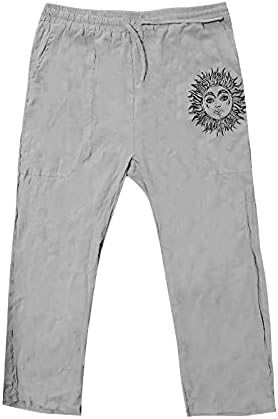 Calças de linho de algodão para homens, Sun Graphic Hippie Baggy Style Confortável respirável leve calça de ioga