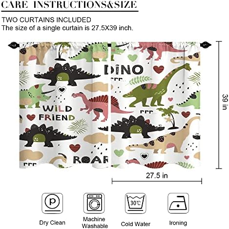 Cortinas de cozinha de dinossauros de desenho animado Funny Crayon desenhando animais selvagens tema de palmeira haste bolso de café pequeno cortina banheiro curta cortinas de janela curta de 2 painéis 27,5 w × 39 l polegadas multicoloria