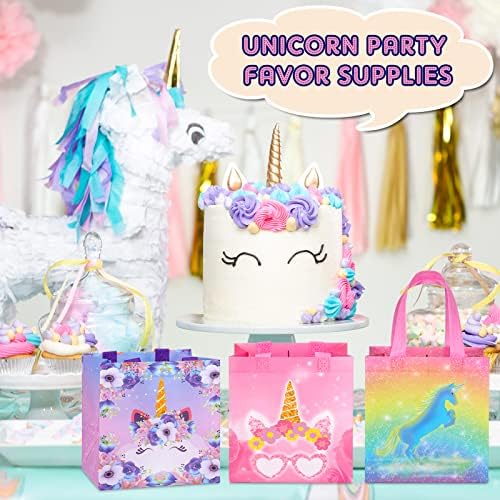 CHUNFILFLING 60 PCS Unicorn Party Favor Favor para crianças Unicorn Goodie Sacos de doces com alças sacolas de presente unicórnio sacos de guloseimas não tecidas Garotas infantis sacolas de arco -íris para crianças