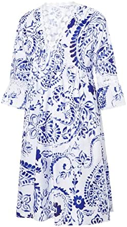 Vestido de férias de praia de verão para feminino boêmio renda tribal mini vestidos de manga comprida Vestido de camiseta curta de decote em V