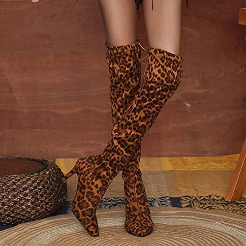 Arystk Women Boots Autumn Winter Leopard Saltos finos sobre as botas de tubo alto de joelho pontuadas de calcanhar de dedo do joelho sapatos de calcanhar
