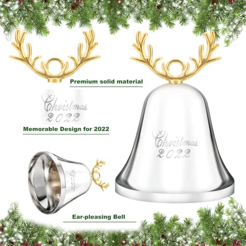 2022 Bell Christmas, sino de Natal anual, ornamento de sino de prata para decorações de Natal, ornamento de sino para aniversário de Natal, sino anual com 2 fita