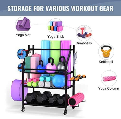 Keten Yoga Mat Storage Racks, rack de armazenamento de ginástica em casa, rack de peso para halteres chaleiras e tapete de ioga, rack de equipamentos de exercícios com rodas e ganchos, perfeitos para casa, academia, garagem