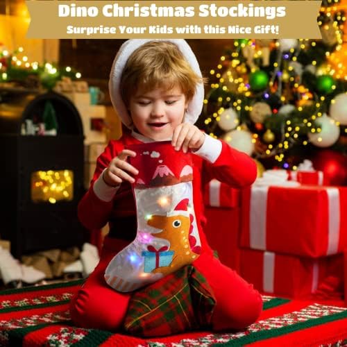 Meias de Natal de Homaisson, 18 polegadas de lareira pendurada, 2 pacote de batedura de natal com rena de dinossauros e luzes LED para festa de férias, decorações de Natal e ornamentos e presentes