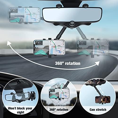 360 ° Rotatable e retrátil do carro, suporte para espelho de espelho retrovisor multifuncional, atualizado o Stand de montagem do espelho traseiro da Visão Vista do Carro Universal 360 para todos os smartphones e carro, preto