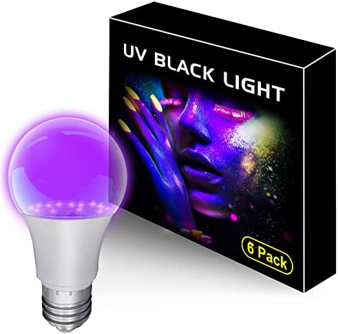 Black Lights Bulbos, Lâmpada Fluorescente LED A19 Blacklight 9W, E26 Base 120V, UVA Nível 390-400nm, brilho