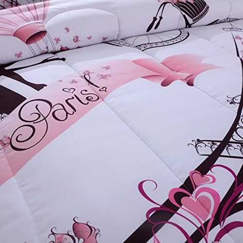 Consolador romântico de estilo rosa Paris para meninas e adolescentes, tamanho do solo queen size doce paris torre quarto com tema edredom de cama com 2 paisagem da cidade, travesseiros padronizados