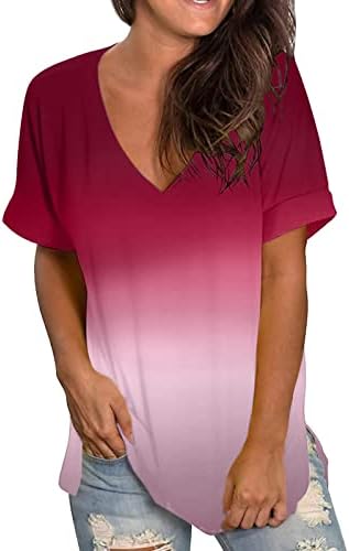 Camisas de manga curta feminino Tops de verão gradiente de manga curta V camisetas tee túnica de túnica